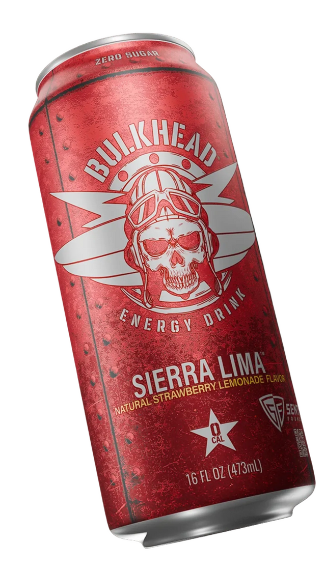 A single red aluminum can of Bulkhead Energy Drink Sierra Lima flavor, shown at an angle against a solid black background. The can features a textured red finish with white graphics of a skull wearing a helmet and goggles, along with the product name and flavor details.