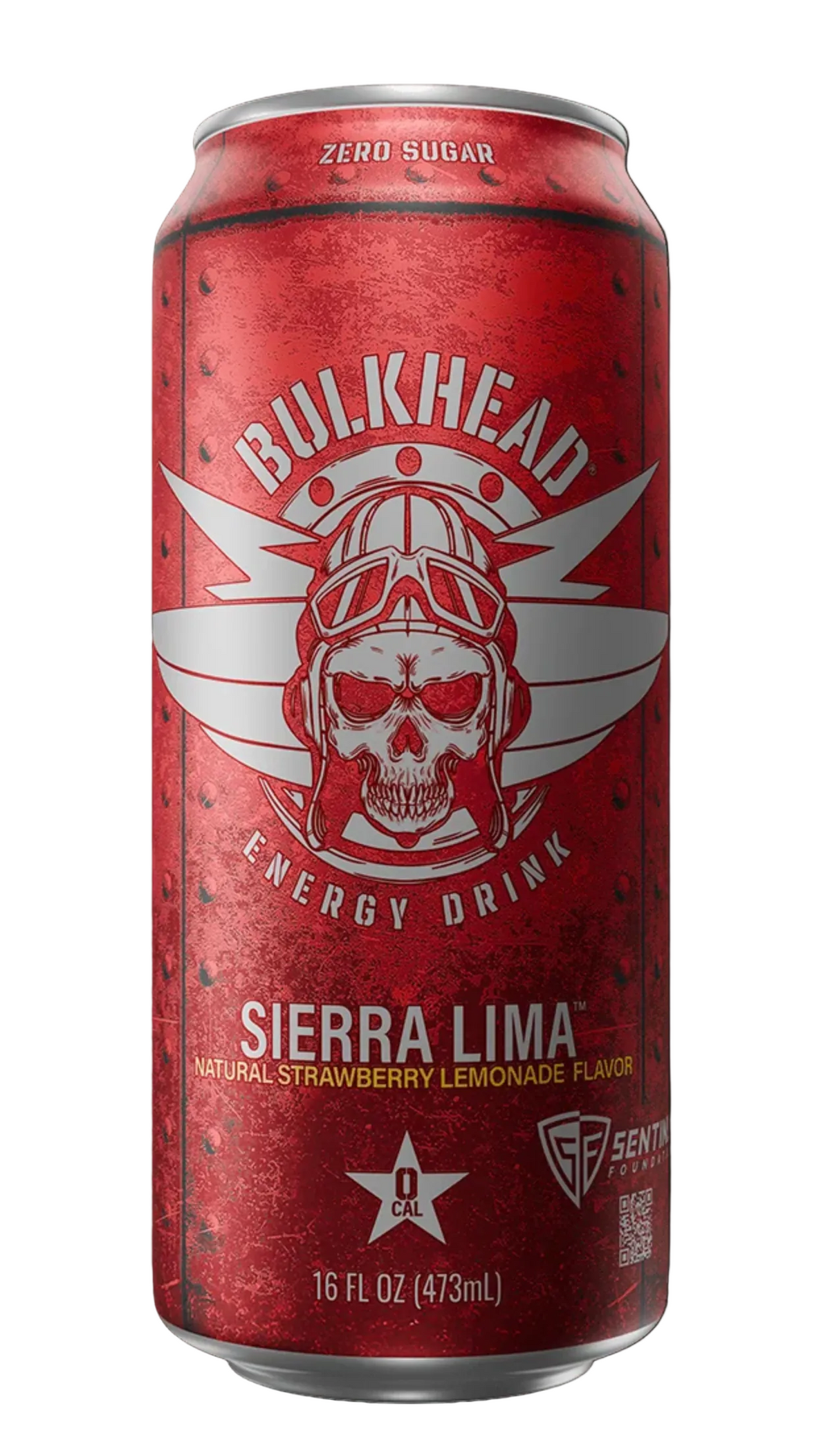 A 16 fl oz can of Bulkhead Energy Drink Sierra Lima, featuring a textured red design with a white skull and wings graphic, set against a solid black background.