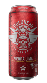A 16 fl oz can of Bulkhead Energy Drink Sierra Lima, featuring a textured red design with a white skull and wings graphic, set against a solid black background.