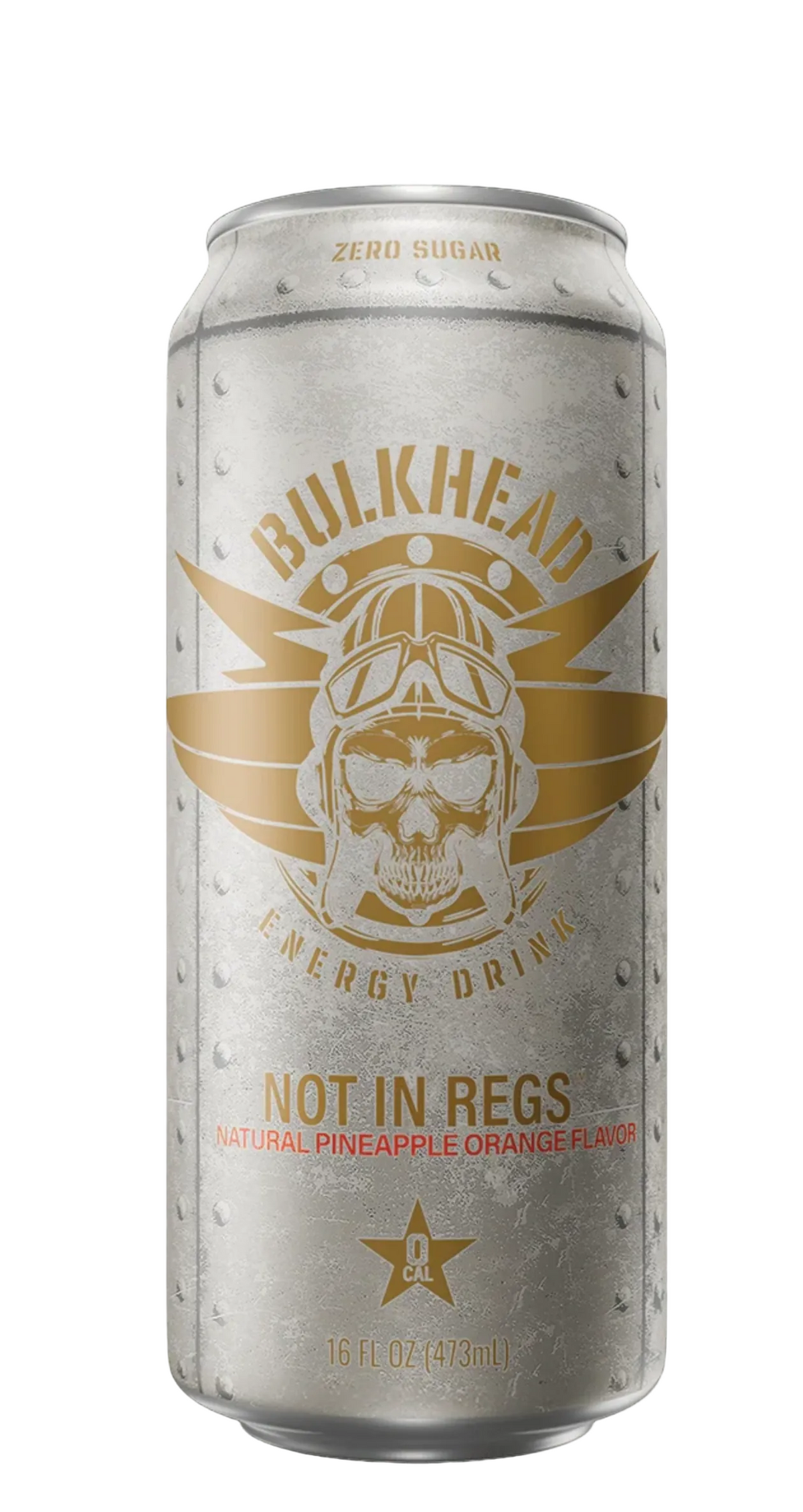 A 16 fl oz can of Bulkhead Energy Drink in 'Not In Regs' natural pineapple orange flavor, featuring a metallic silver can with a gold skull and wings logo, set against a solid black background.