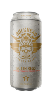 A 16 fl oz can of Bulkhead Energy Drink in 'Not In Regs' natural pineapple orange flavor, featuring a metallic silver can with a gold skull and wings logo, set against a solid black background.