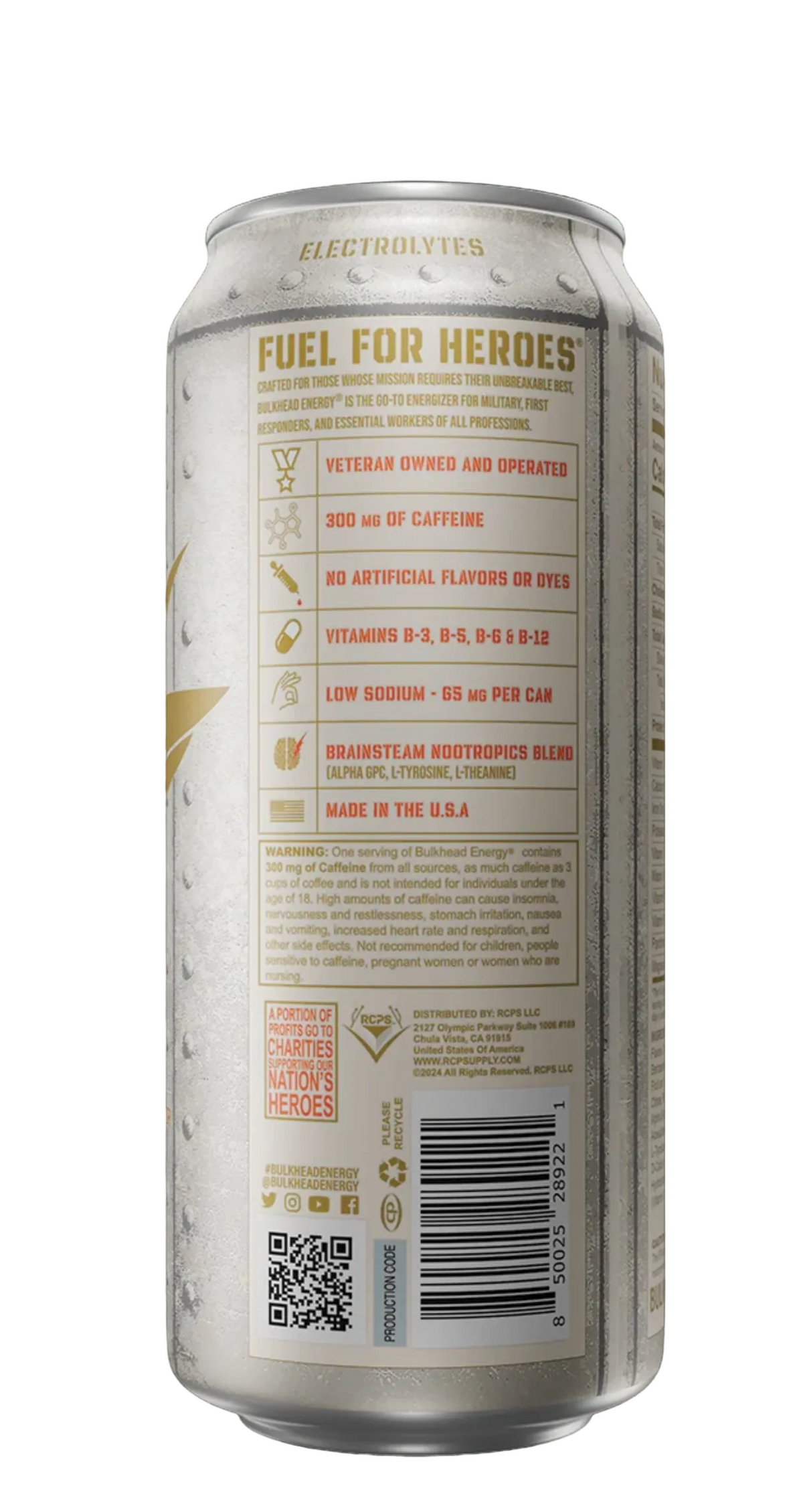 A single aluminum beverage can shown upright against a dark background, with the back panel facing the camera. The can appears metallic silver with a warm beige label and small gold accents.