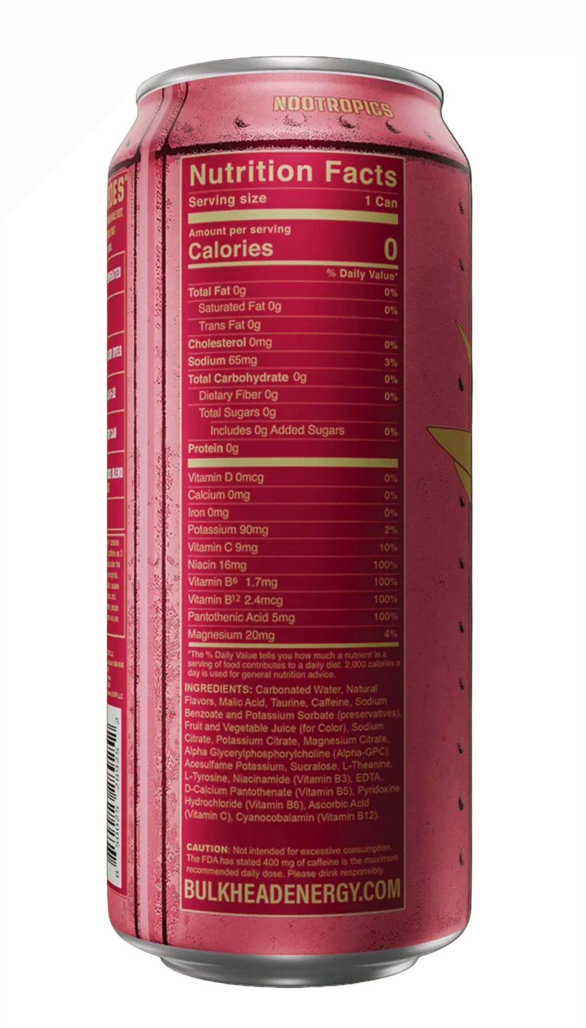 A close-up of a pink beverage can showing the back nutrition label, with condensation droplets on the metallic surface. The label includes a Nutrition Facts panel and branding text at the top.