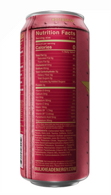 A close-up of a pink beverage can showing the back nutrition label, with condensation droplets on the metallic surface. The label includes a Nutrition Facts panel and branding text at the top.