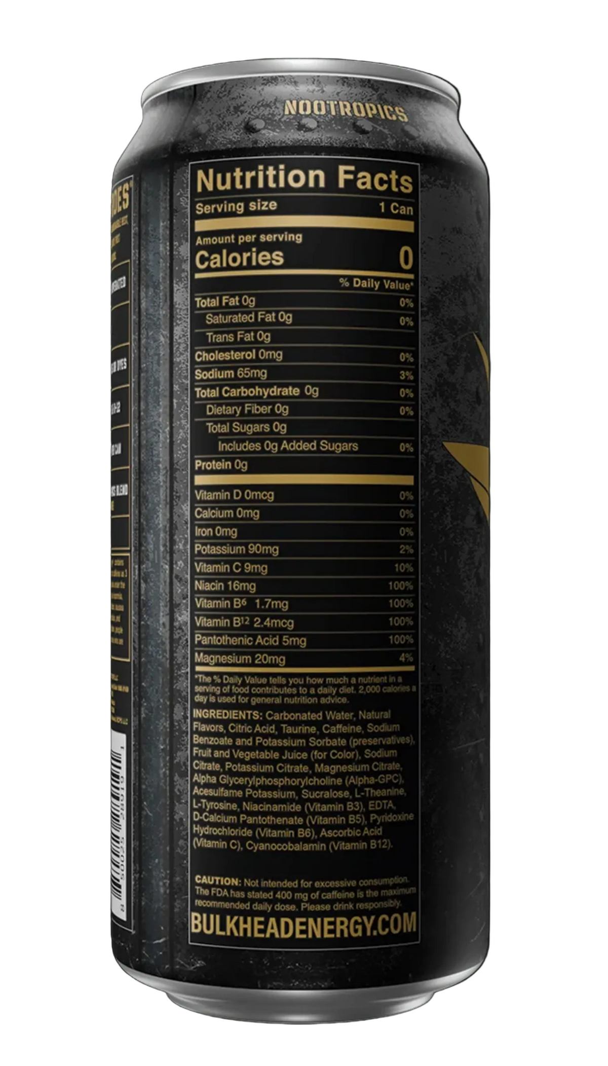 A single can of Nodotropics Bulkhead Energy drink shown from the back, featuring a black label with gold text and a nutrition facts panel, set against a dark background.