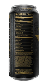 A single can of Nodotropics Bulkhead Energy drink shown from the back, featuring a black label with gold text and a nutrition facts panel, set against a dark background.