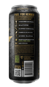 Back view of a black electrolyte beverage can with gold and white text, featuring product details, ingredients, and a barcode on a dark background.
