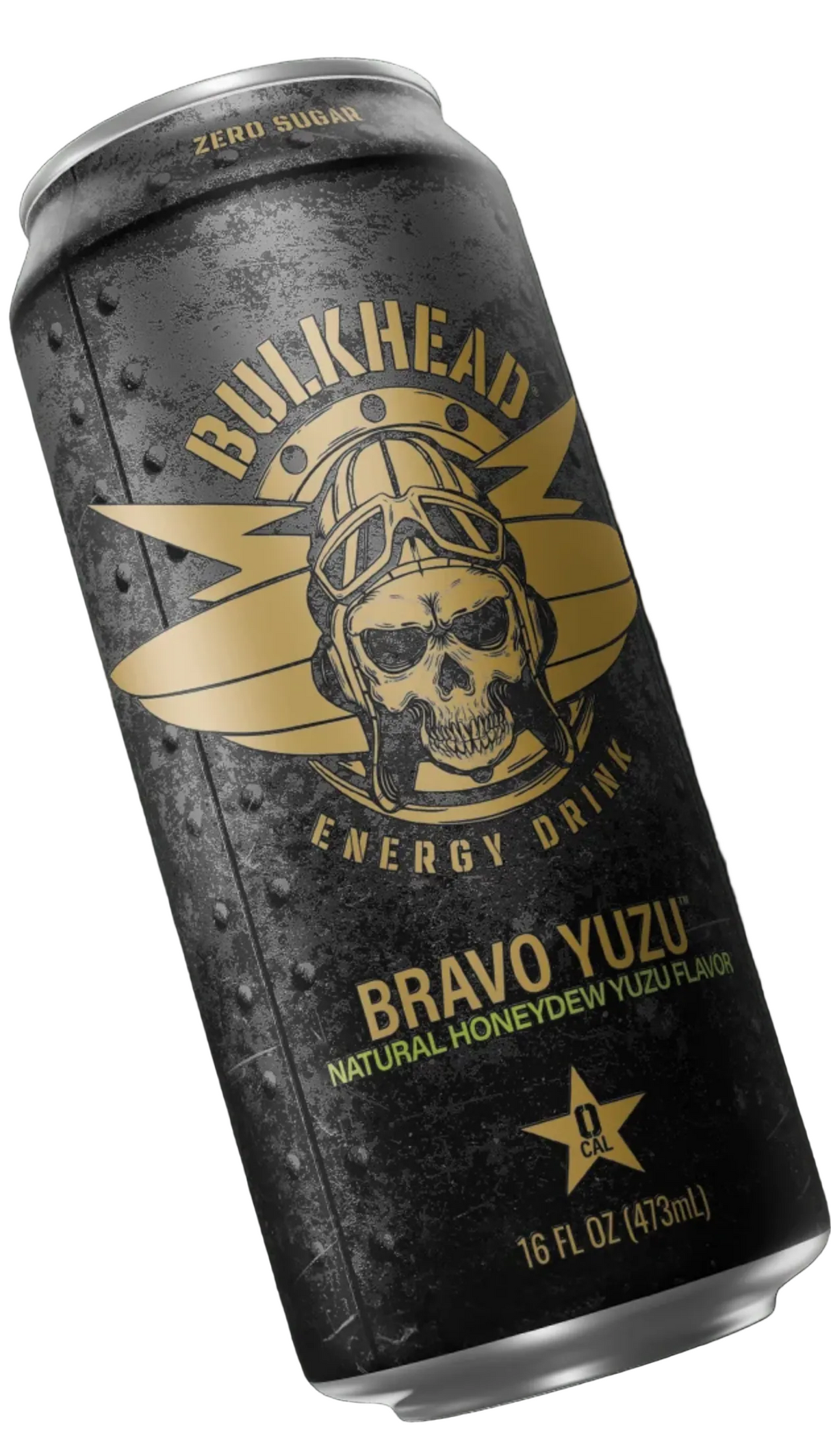 A 16 fl oz can of Bulkhead Energy Drink Bravo Yuzu flavor, featuring a dark textured metallic can with a gold skull and aviator helmet logo, set against a solid black background.