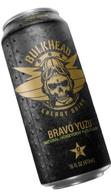 A 16 fl oz can of Bulkhead Energy Drink Bravo Yuzu flavor, featuring a dark textured metallic can with a gold skull and aviator helmet logo, set against a solid black background.