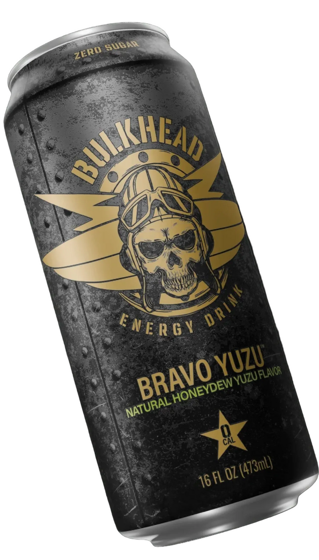 A 16 fl oz can of Bulkhead Energy Drink Bravo Yuzu flavor, featuring a dark textured metallic can with a gold skull and aviator helmet logo, set against a solid black background.