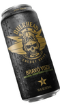 A 16 fl oz can of Bulkhead Energy Drink Bravo Yuzu flavor, featuring a dark textured metallic can with a gold skull and aviator helmet logo, set against a solid black background.
