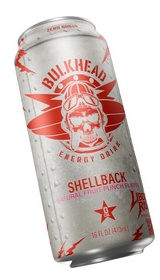 A 16 fl oz can of Bulkhead Shellback Energy Drink, featuring a metallic silver can with a red skull and aviator graphic, set against a solid black background.