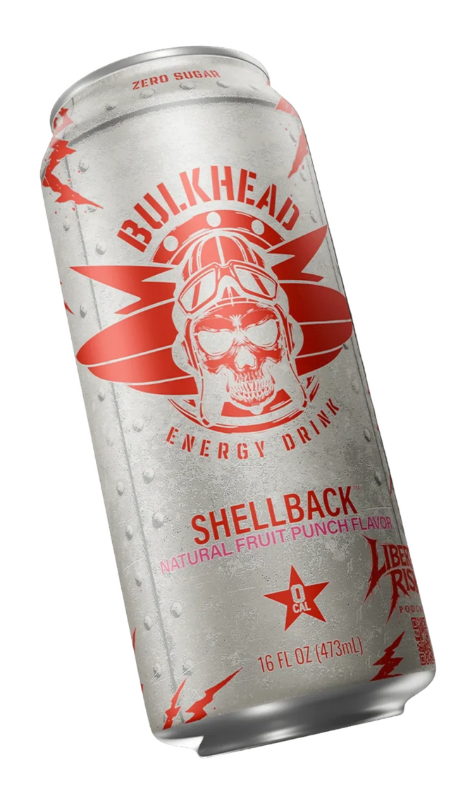 A 16 fl oz can of Bulkhead Shellback Energy Drink, featuring a metallic silver can with a red skull and aviator graphic, set against a solid black background.