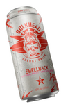 A 16 fl oz can of Bulkhead Shellback Energy Drink, featuring a metallic silver can with a red skull and aviator graphic, set against a solid black background.