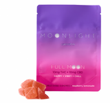 Moonlight Full Moon raspberry lemonade gummies infused with 10mg THC and 10mg CBD for relaxation and balance