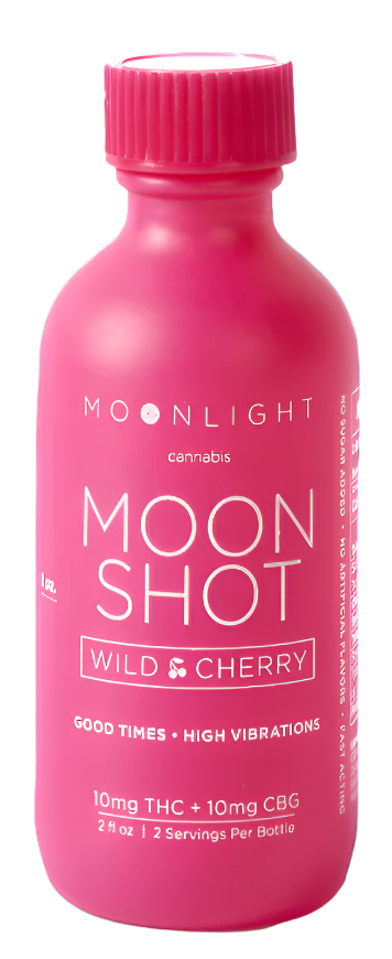 Moonlight's Moon Shot Wild Cherry THC CBG beverage – 10mg THC and 10mg CBG cannabis-infused drink for energy and focus