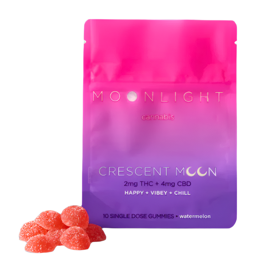 Watermelon Moonlight Crescent Moon microdose gummies infused with 2mg THC and 4mg CBD for gentle relaxation