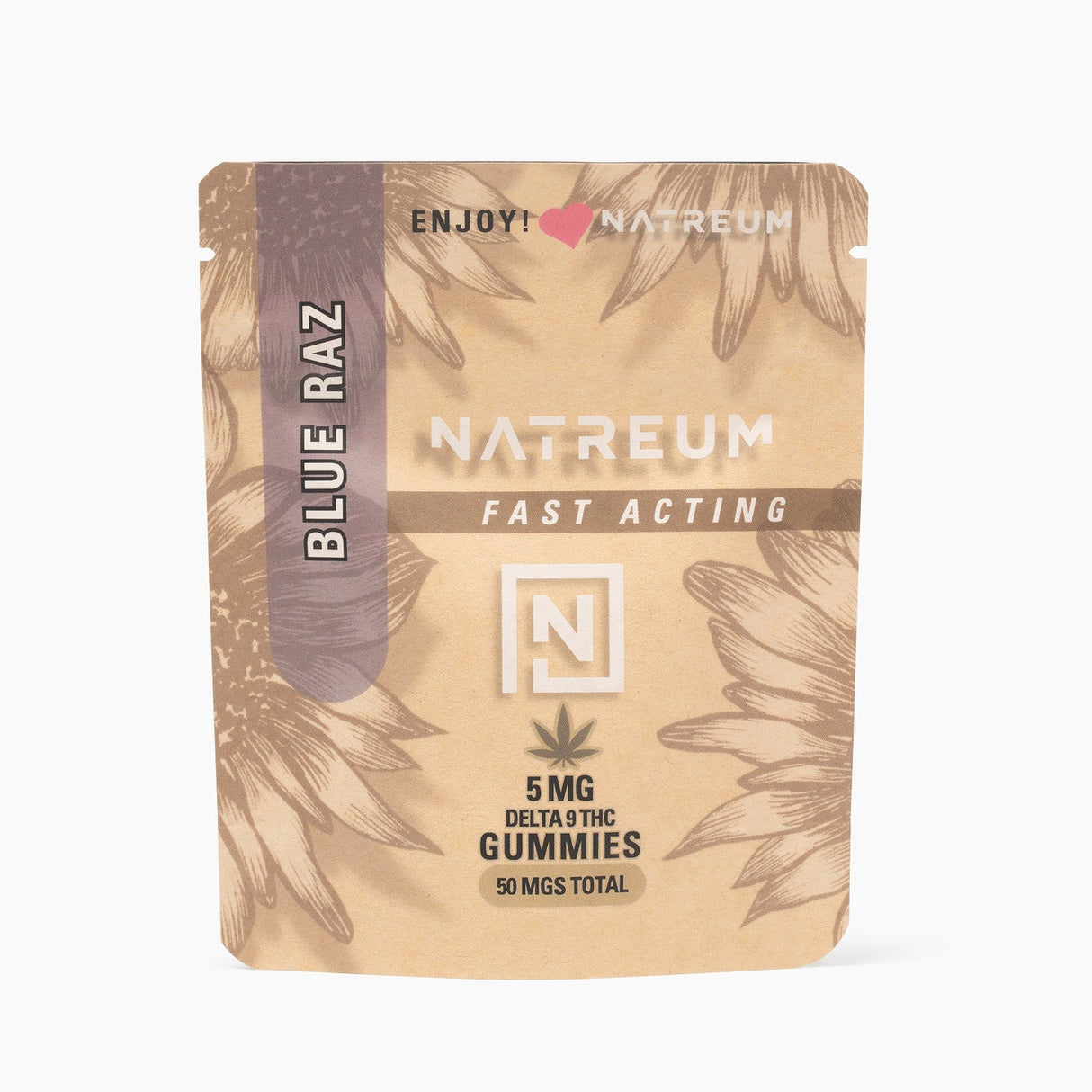 Natreum Blue Raz 5mg THC Fast-Acting gummies – a tangy and quick-acting experience.