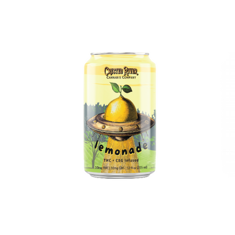Can of Crested River thc/cbg lemonade with a lemon graphic on a white background