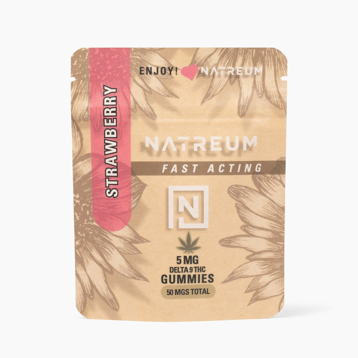 Natreum Fast-Acting 5mg THC gummies – strawberry flavor for a sweet and uplifting experience.