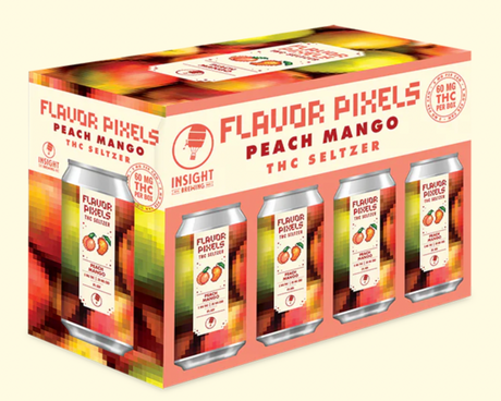 Packaging of Flavor Pixels Peach Mango THC Seltzer with cans displayed.
