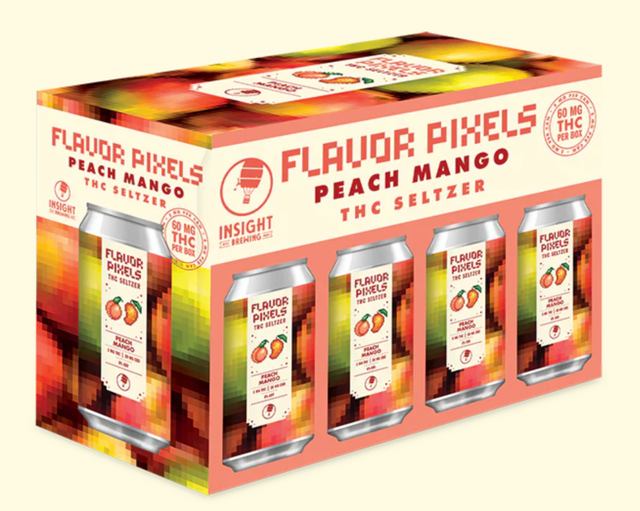 Packaging of Flavor Pixels Peach Mango THC Seltzer with cans displayed.