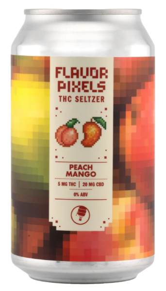 A can of Flavor Pixels THC Seltzer with peach and mango depicted on the label.