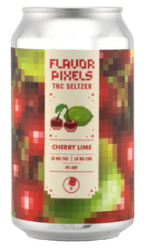 A can of Flavor Pixels THC|CBG Seltzer in Cherry Lime flavor. The can is silver with a graphic design featuring cherries and a lime.