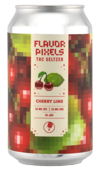 A can of Flavor Pixels THC|CBG Seltzer in Cherry Lime flavor. The can is silver with a graphic design featuring cherries and a lime.