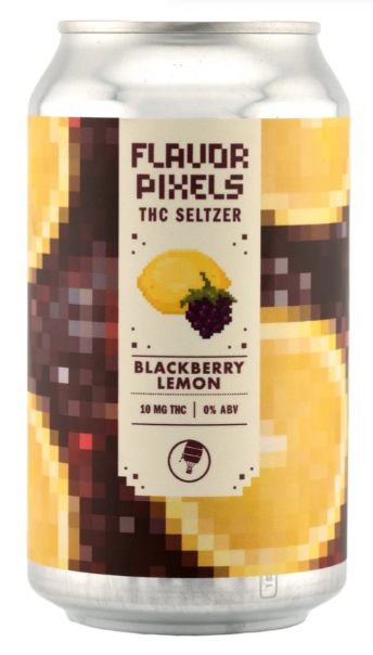 A can of Flavor Pixels THC Seltzer in Blackberry Lemonade flavor. The can is silver with a graphic design featuring cherries and a lime.