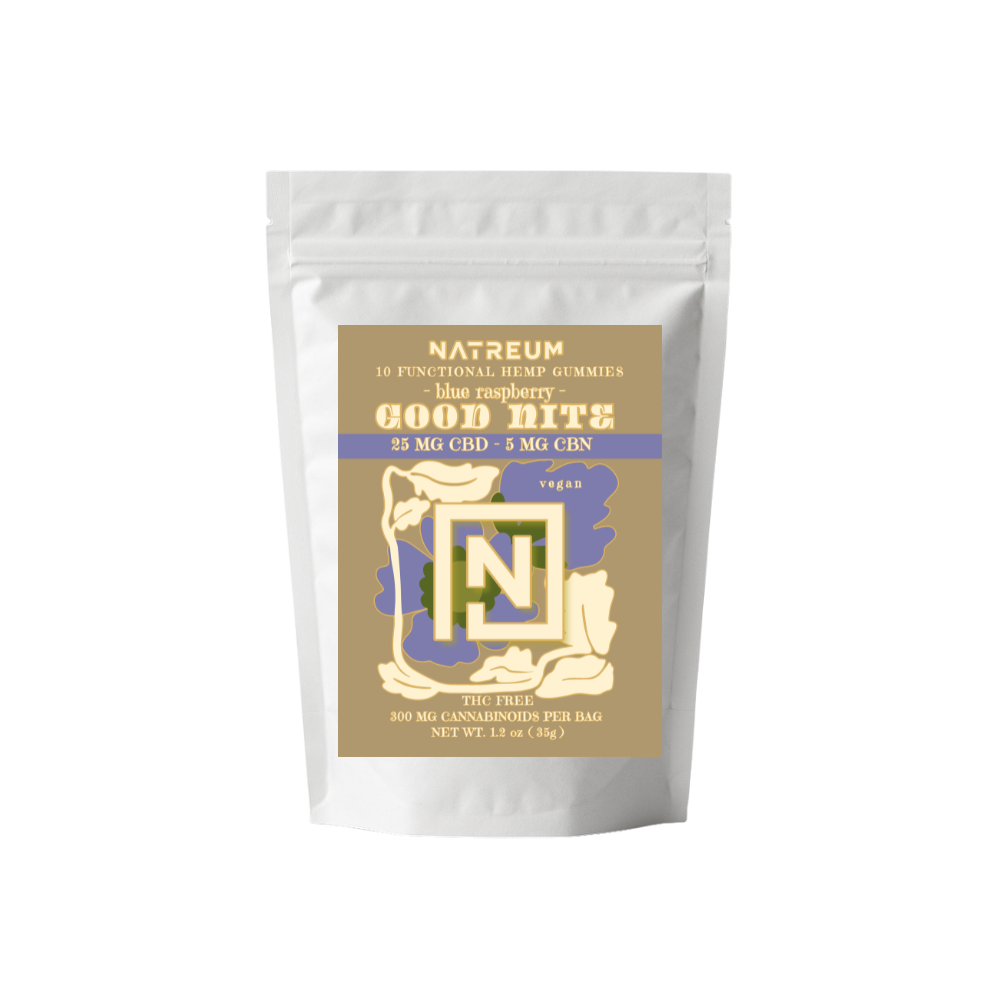 Natreum blue raspberry gummies packaging on a white background
