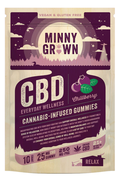 CBD gummies packaging with 'Minny Grown' branding on a purple and beige background