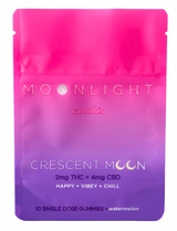 Watermelon Moonlight Crescent Moon microdose gummies infused with 2mg THC and 4mg CBD for gentle relaxation.