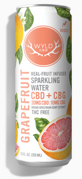 Wyld CBD Real Fruit Infused sparkling water 20mg cbd : 10mg cbg Grapefruit Boost